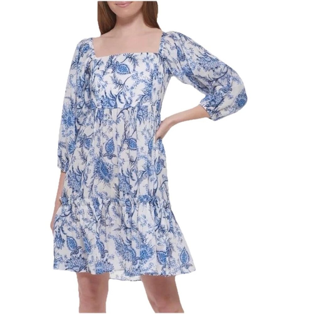TOMMY HILFIGER Blue and White Floral Fit and Flare 3/4 Sleeves Dress Sz 16